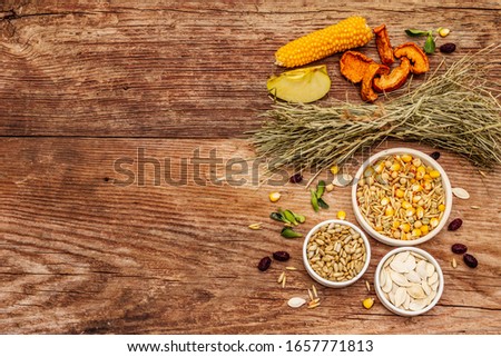 Balanced diet for domestic rodents. Assorted mix of grain and seeds, dry herbs, fresh fruits. Old wooden background, top view
