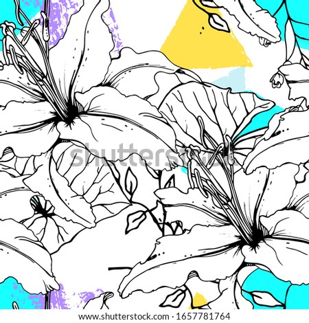 Floral Black White Print. Tropical Jungle Leaf on Geometric Brush Shapes. Modern Motif. Foliage Summer Seamless Pattern. Trending Vector Background. Artistic Botanical Surface. Plant Texture Fashion.