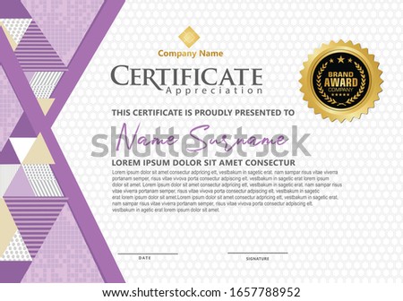 modern certificate template with geometric triangle with halftone on line ornament on pattern background.