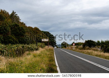 Southern Chile Country road with grass, trees and a speed limit sign