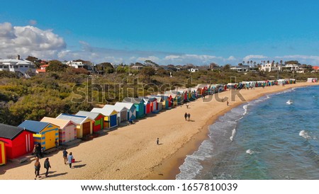 BRIGHTON BEACH, AUSTRALIA - SEPTEMBER 2018: Aerial view of Brighton Beach Colourful Huts, Victoria, Australia. Royalty-Free Stock Photo #1657810039