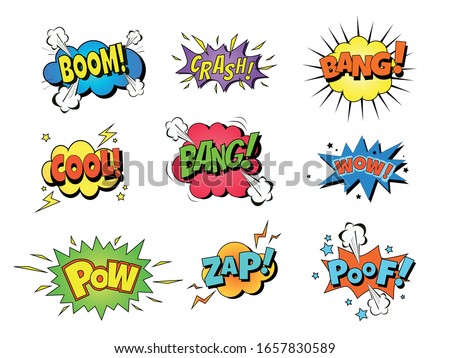 Collection of nine multicolored comic sound Effects. Vector cartoon explosions with different emotions
