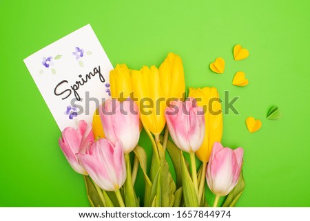 Top view of yellow and pink tulips, card with spring lettering and decorative hearts on green background