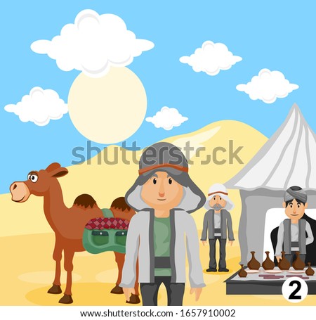 Camel with arabic people in desert with mountains. Caravan on desert meadow at sunset, panoramic and outside view on wild nature. Landscape and journey. part 2