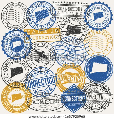Connecticut, USA Set of Stamps. Travel Passport Stamps. Made In Product. Design Seals in Old Style Insignia. Icon Clip Art Vector Collection.