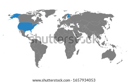 USA, Finland countries highlighted on world map. Gray background. Perfect for Business concepts, backgrounds, backdrop, chart, label, sticker, banner and wallpapers.