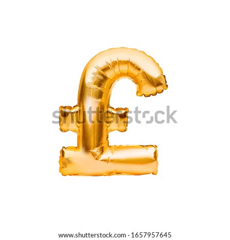 UK pound sterling currency sign balloon. Golden english currency symbol made of inflatable foil balloon. Investment and banking concept.