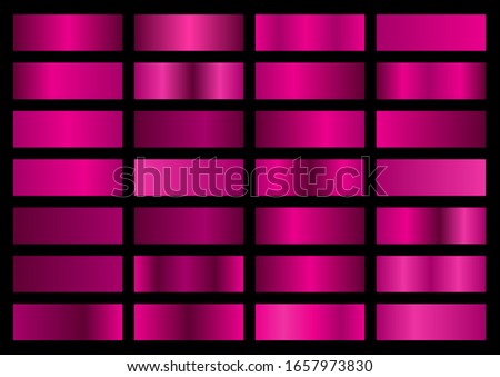 Vector set of pink metallic gradients, swatches collection, shiny gradient set on black background, metal texture