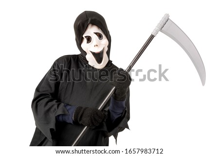 Kid with reaper mask in  Halloween costume isolated in white