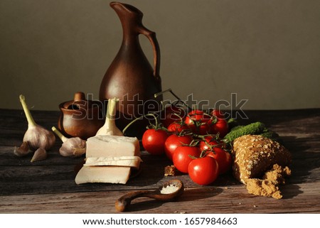 Easter still life in a rural style with eggs and vegetables