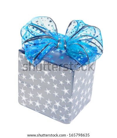 Silver gift box with a blue bow. Isolate on white background