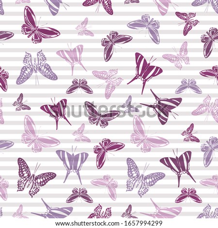 Flying elegant butterfly silhouettes over striped background vector seamless pattern. Childish fashion textile print design. Lines and butterfly garden insect silhouettes seamless wrapping.