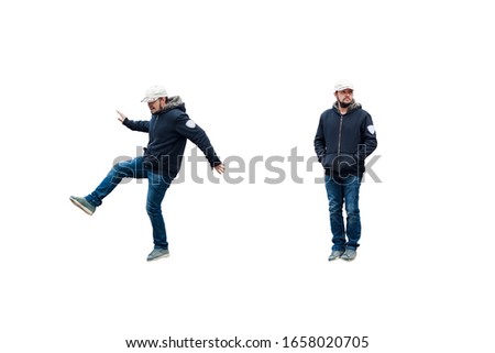 Isolated portrait of man in blue coat and jeans with baseball cap on his head. Photos of male in different poses