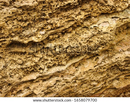 The texture of the stone shell yellow with the arrangement of layers on a diagonal. Natural decorative building material. Close-up, background of a golden warm hue.