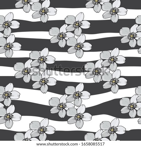 Seamless pattern of blue flowers anemones on a white background with black stripes. Vector hand drawn illustration.