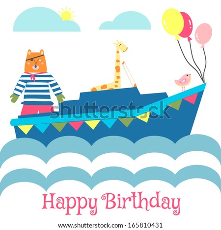 Happy Birthday Card with Animals in the Boat