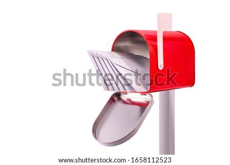 Red open mailbox with five white envelopes