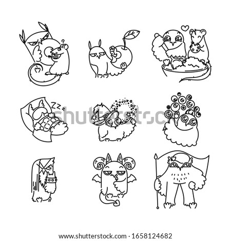 Set of various cute owls in line style. Print for poster, t-shirt, logo, stiker, textile or bags. Vector illustration