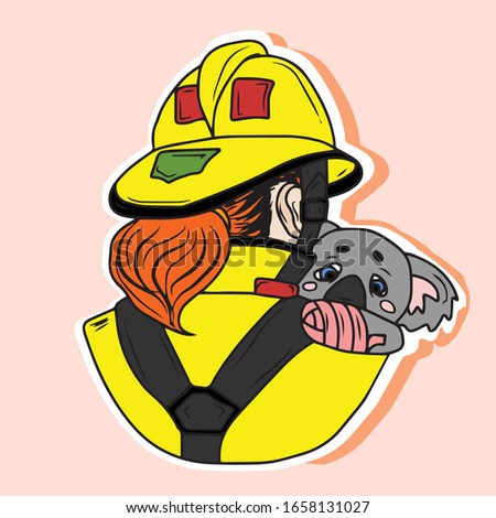 A fire service volunteer holds a Koala. Sticker.Vector illustration on  isolated background. Design for postcards and banners.animal
