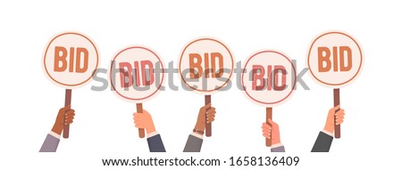 Auction bidding. Hands holding bids. Auction and bidding concept. Sale and buyers. Vector illustration Royalty-Free Stock Photo #1658136409