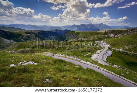 Durmitor Mountains - summer mountain landscape of Durmitor National Park. View on the panoramic road P14. Montenegro, Europe, Balkans Dinaric Alps, UNESCO World Heritage Site. Summer 2017.