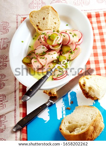 Traditional German Marinated Sausage Salad from Munich on Checkered Red Tablecloth