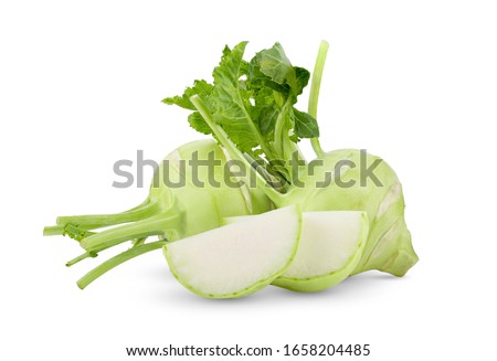 Fresh kohlrabi with green leaves on isolated white backround. full depth of field Royalty-Free Stock Photo #1658204485