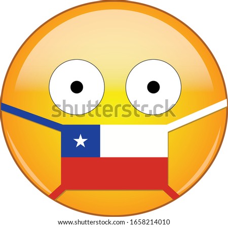 Yellow scared emoji in Chilean medical mask protecting from SARS, coronavirus, bird flu and other viruses, germs and bacteria and contagious disease as well as toxic smog in Chile.