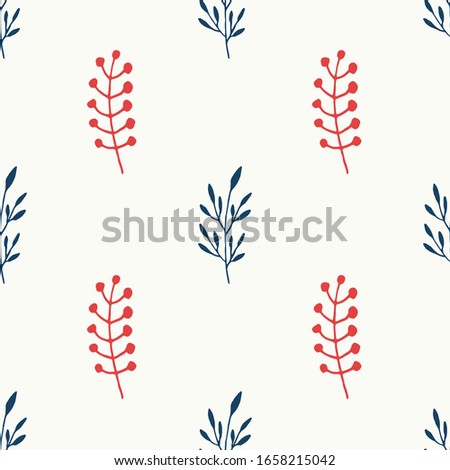 Elegant seamless vector pattern of hand drawn branches with leaves and berries on a white background.