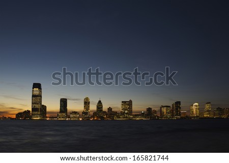 Skyline of New Jersey at dusk as seen from Manhattan.