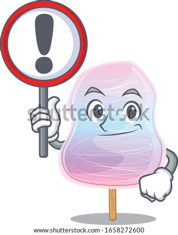 cute mascot character style of rainbow cotton candy raised up a sign