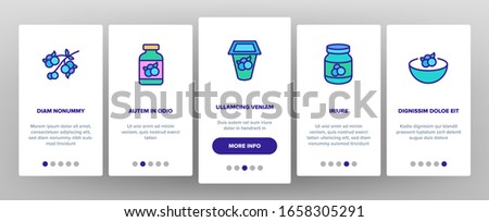 Blueberry Berry Food Onboarding Icons Set Vector. Blueberry Juice And Yogurt, Ice Cream And Pie, Jam And Tea, Sweet Drink Cup And Package Illustrations