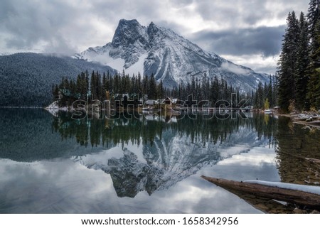 Perfect bucket list reflection on a winter day in Emerald Lake in Yoho National Park in British Columbia Canada 