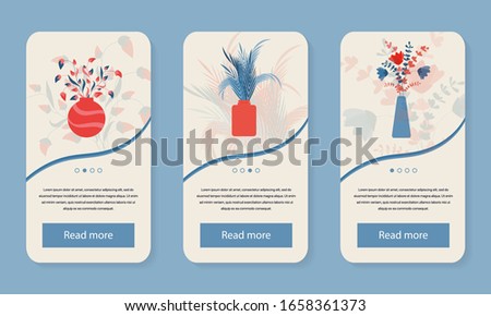 Spring flowers vector mobile app screens with text space. Flat floral concept, branches and leaves vintage illustration with typography. Flower shop application design.