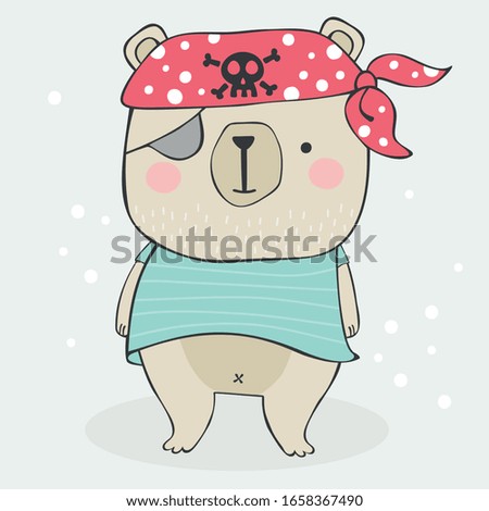 Cute, colorful hand drawn vector in kids cartoon style of a pirate bear