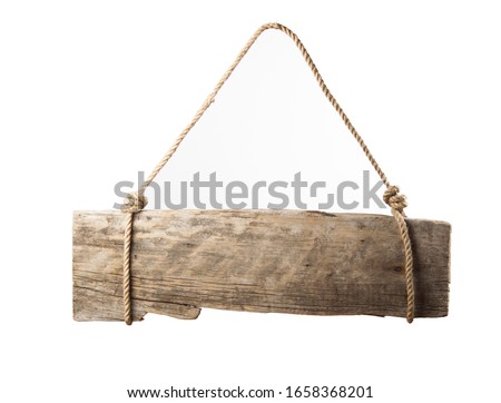 empty wooden sign with lope for hang on white background