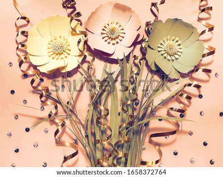 Shining composition of flowers, grass, ribbon and sequins on pastel orange background. The child made crafts. Advertising content for Birthday, Valentine's Day, Women`s day, Easter. Flat lay, top view