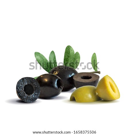 Green and black olives low poly. Wonderful antioxidant. Beautiful olives. Green and black olives in triangulation technique. Vector illustration. Royalty-Free Stock Photo #1658375506