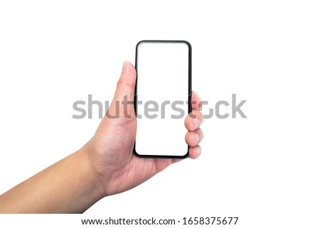 men hand holding blank screen smartphone isolated on white background with clipping path