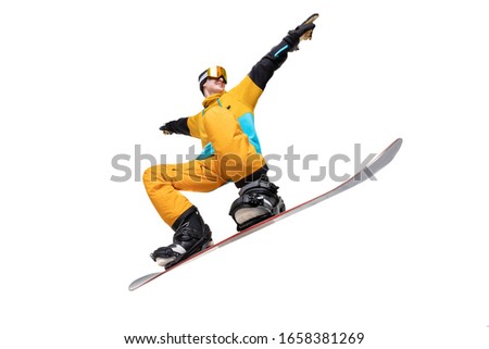Portrait young man snowboarder jump on snowboard in sportswear isolated white background.