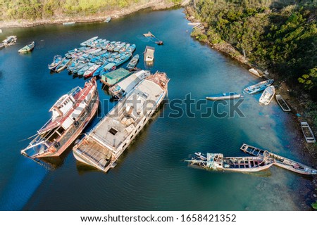 Aerial view of sunk ships in coastline, Sai Kung, Hong Kong, outdoor, daytime