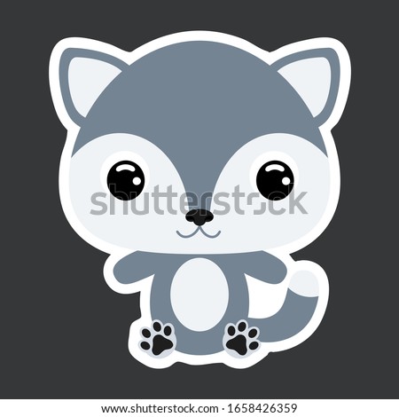 Children's sticker of cute little wolf. Jungle animal. Cartoon character for baby print design, kids wear, baby shower celebration, greeting and invitation card. Flat vector stock illustration