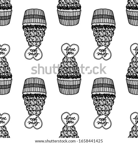 Cupcake seamless pattern background.Repeating dessert hand drawing.Isolated vector illustration