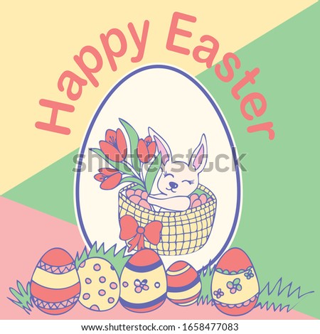 easter card with bunny and eggs in basket