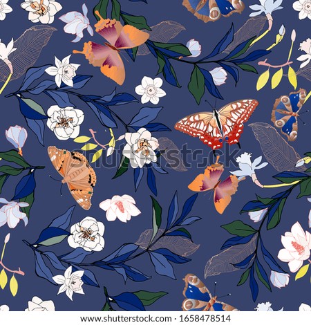Seamless vector pattern with roses and daffodils flowers. Illustration with colorful butterflies and leaves on a navy blue background.