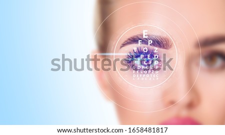 Woman eye and eyechart in scanning circle closeup. Ophthalmologist consultation. Royalty-Free Stock Photo #1658481817