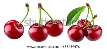 Cherry isolated. Sour cherry. Cherries with leaves on white background. Sour cherries on white. Cherry set. Royalty-Free Stock Photo #1658489476