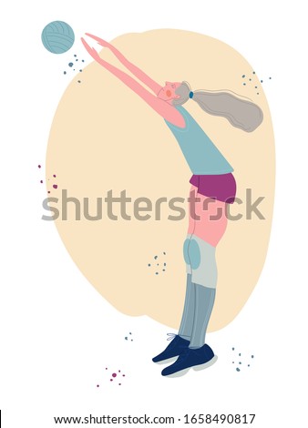 Athletic girl playing volleyball. Cartoon drawing drawn by hand. Healthy lifestyle. Active sport.