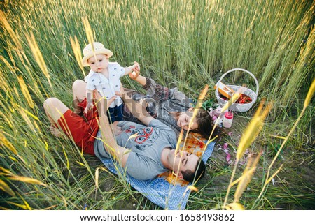 dad, mom and little son in picnic field. summer evening in the field. family photo on nature.