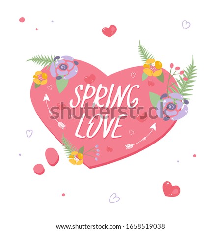 Floral heart speech bubble Spring love. Romantic spring stickers with flowers and leaves. Doodle greeting сards collection